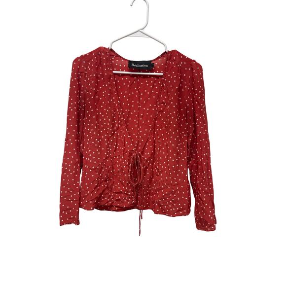 Realisation Par Silk printed Crop top tie front blouse red white star dot small - Picture 1 of 6